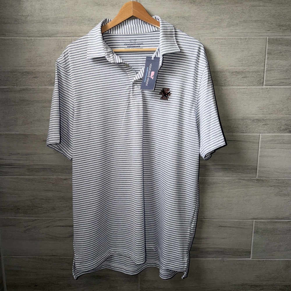 Boston College Vineyard Vines Performance Golf Polo Mens L Gray White Stripe NWT